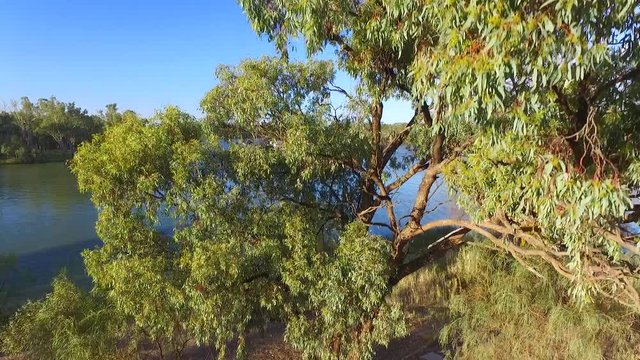 Aerial view of houseboat holiday on the Murray River Australia.
