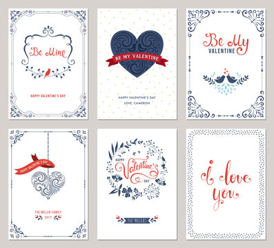 Ornate Valentine's greeting cards with typographic design, swirls, heart shape, birds and floral wreath. Vector illustration.