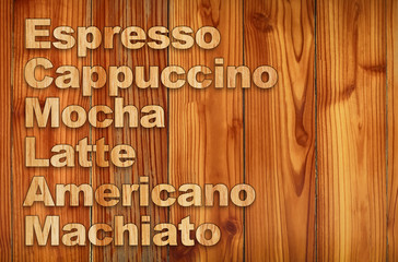 Beautiful wood background. Wooden words around about coffee shop or business. Coffee shop tags and banner equipments. A label for commercial use.