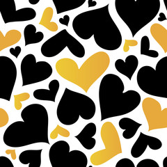 Vector Gold and Black Hearts Seamless pattern. Valentines day romantic background.