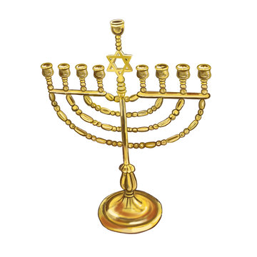 Watercolor golden menorah isolated on white background. Hanukkiah the symbol of jewish holiday Hanukkah. Gold metal candelabrum for nine candles with David's Star symbol. Hebrew religious holiday