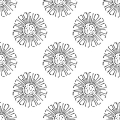 Vector floral illustration. Seamless pattern with flowers on the white background. Hand drawn contour lines and strokes. Doodle style, graphic vector illustration