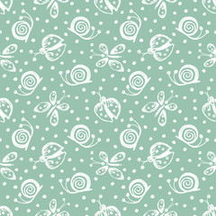 Seamless vector hand drawn seamless pattern with insect. Blue background with ladybug, butterfly, snail Decorative cute graphic drawn illustration Template for background, wrapping, wallpaper