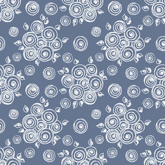Seamless vector hand drawn seamless floral  pattern. Blue background with flowers, leaves. Decorative cute graphic drawn illustration. Template for background, wrapping, wallpaper.