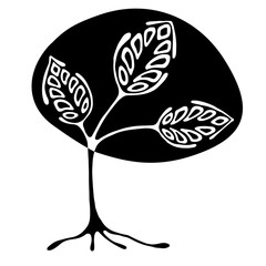 Vector hand drawn illustration, decorative ornamental stylized tree. Black and white graphic illustration isolated on the white background. Inc drawing silhouette. Decorative artistic ornamental wood