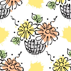 Gardinen Trendige Blumen Vector seamless floral pattern with flowers, leaves, decorative elements, splash, blots, drop Hand drawn contour lines and strokes Doodle sketch style, graphic vector drawing illustration  © Valentain Jevee
