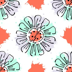 Fotobehang Vector seamless floral pattern with flowers, leaves, decorative elements, splash, blots, drop Hand drawn contour lines and strokes Doodle sketch style, graphic vector drawing illustration © Valentain Jevee