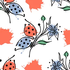 No drill light filtering roller blinds Floral pattern Vector seamless floral pattern with butterfly flowers, leaves, decorative elements, splash, blots, drop Hand drawn contour lines and strokes Doodle sketch style, graphic vector drawing illustration