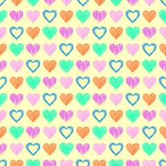 Seamless vector love pattern with hearts. Endless background with hand drawn colorful figures. Pattern for wrapping, cover, background, surface print