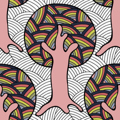Seamless pattern, vector hand drawn repeating illustration, decorative ornamental stylized endless trees. Colorful abstract background, seamles graphic illustration Artistic line drawing silhouette