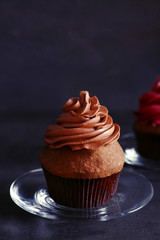 Plate with tasty chocolate cupcake on dark table