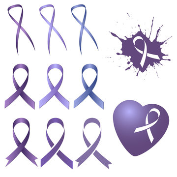 Set of lavender ribbon in several different versions and tints of lilac isolated on white. World Cancer Day. Vector illustration