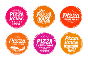 Pizza icons set. Collection labels for menu design restaurant or cafe. Vector illustration