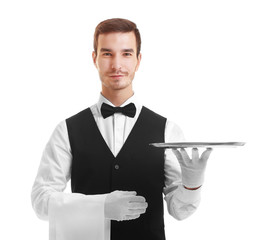 Waiter holding empty silver tray on white background