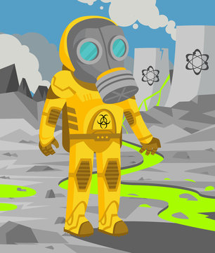 Man In Biozahard Yellow Suit Near A Nuclear Radiation Meltdown Leak