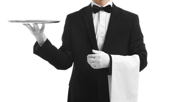 Waiter holding empty silver tray on white background