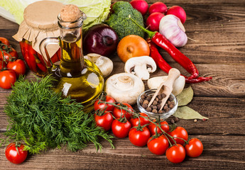 Vegetables on wood. Bio Healthy food, herbs and spices.