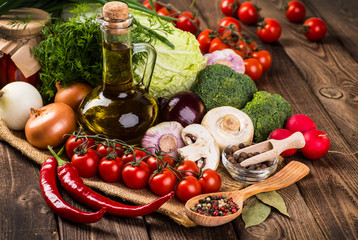 Vegetables on wood. Bio Healthy food, herbs and spices.