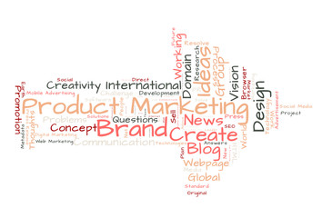 Product Marketing word cloud shaped as a arrow
