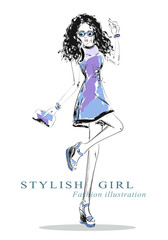 Fashion graphic dancing disco girl. Sketch girl. Vector illustration.