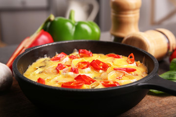 Freshly baked pizza in a pan