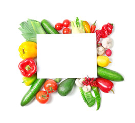 Sheet of paper and colourful fruits and vegetables on white background