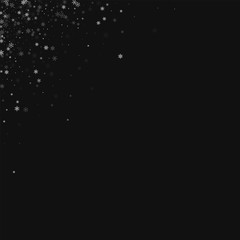 Beautiful snowfall. Left right corner on black background. Vector illustration.