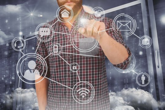 Composite image of mid section of man pointing