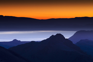 Sunrise at Pyramid Lake, Nevada. Striking vivid colors in the sky.