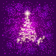 Abstract background with christmas tree and stars. Illustration in lilac and white colors.