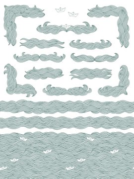 Set of hand drawn seamless pattern, banners, text dividers and corners with doodle waves and little paper boats in blue