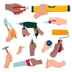 Naklejka premium Hands with construction tools vector illustration.
