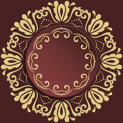 Nice frame with floral elements and arabesques. Fine greeting card. Brown and golden pattern
