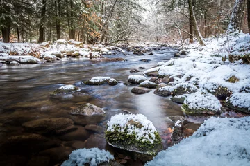 Foto op Canvas Winter river scene flowing among snowy rocks © rabbitti