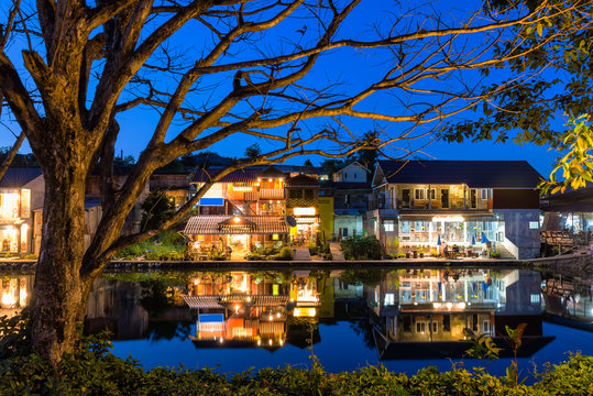 Lake and the village at Ban I-Tong, Pilok, Thong Pha Phum, Kanchanaburi, Thailand.