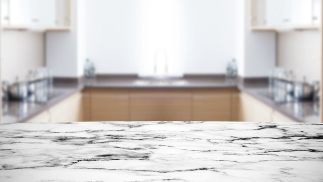 Empty marble table in kitchen background.