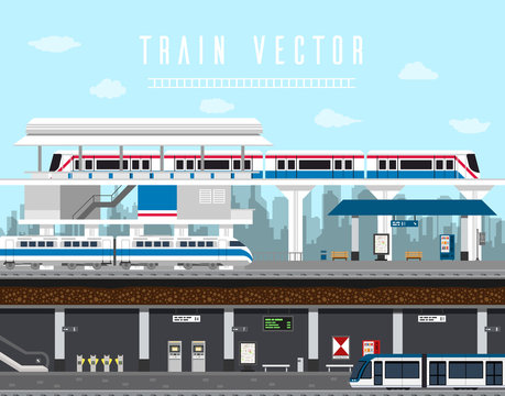 Flat design set of Train, Sky Train, Subway Vector. Element train vector