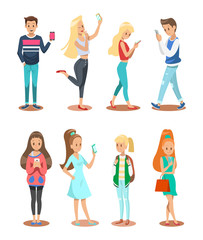 Fototapeta premium boy and girl playing smartphone character design