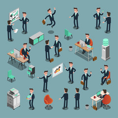 Set of ISOMETRIC BUSINESS PEOPLE in office, share idea, info gra