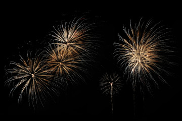 Fototapeta premium Festive fireworks colorful display isolated in bursting shapes on black background. Happy new year 2017. Beautiful light for celebration. Show explosion wallpaper during eve. Abstract blur dark scene.