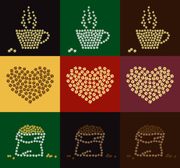 Set of coffee bean in coffee cup, heart and bale shape for wall decoration