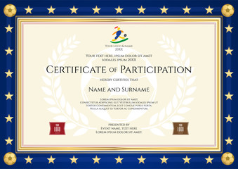 Certificate of participation in sport theme for football match with blue border