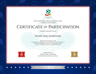 Sport theme certification of participation template for sport or tennis match
