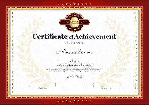 Certificate of achievement template with red border and red gold