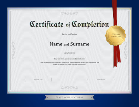 Certificate of completion template with blue border