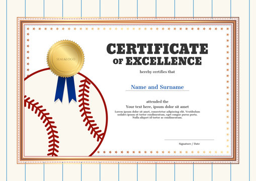 Certificate of excellence template in sport theme for baseball event with baseball shirt style border