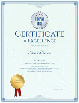 Certificate Of Excellence Template  With Gold Seal And Blue Border