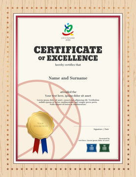 Portrait certificate of excellence template in sport theme for basketball competition with wooden border