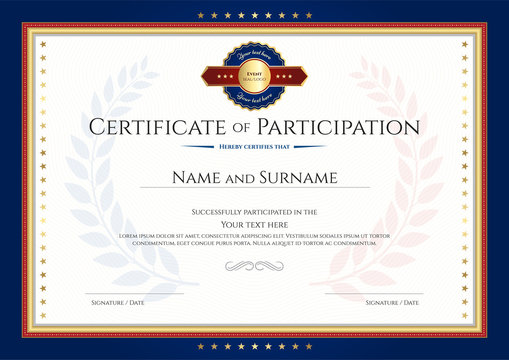 Certificate of participation template with laurel background and blue border