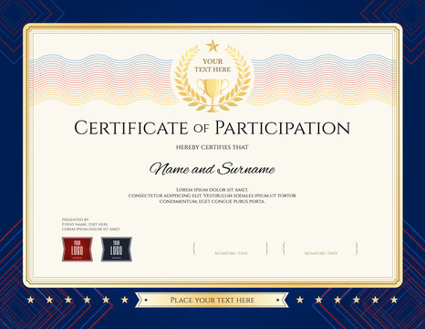 Modern certificate of participation template with colorful wave watermark gold trophy and blue border